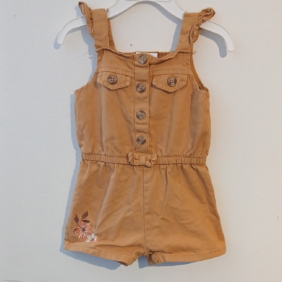 Tan Kids Romper with Floral Embroidery - Picture 1 of 6